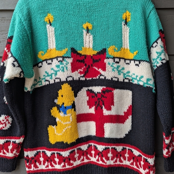 VTG 80s Heirlooms HandKnit 100% Wool Intarsia Christmas Holiday Sweater Medium - Picture 7 of 8